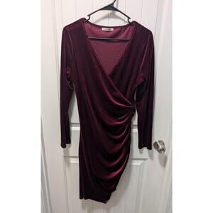 Guberry Burgundy Red Velvet Ruched Sexy Cocktail Wrap Dress Long Sleeve Size L